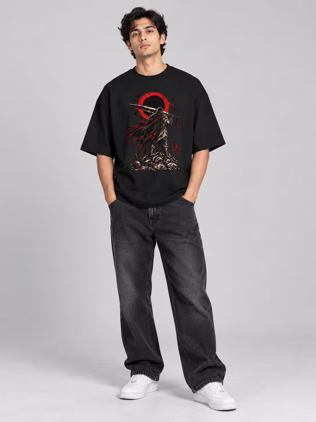 Black Eclipse Dark Fantasy Oversized T-Shirt in Black, front