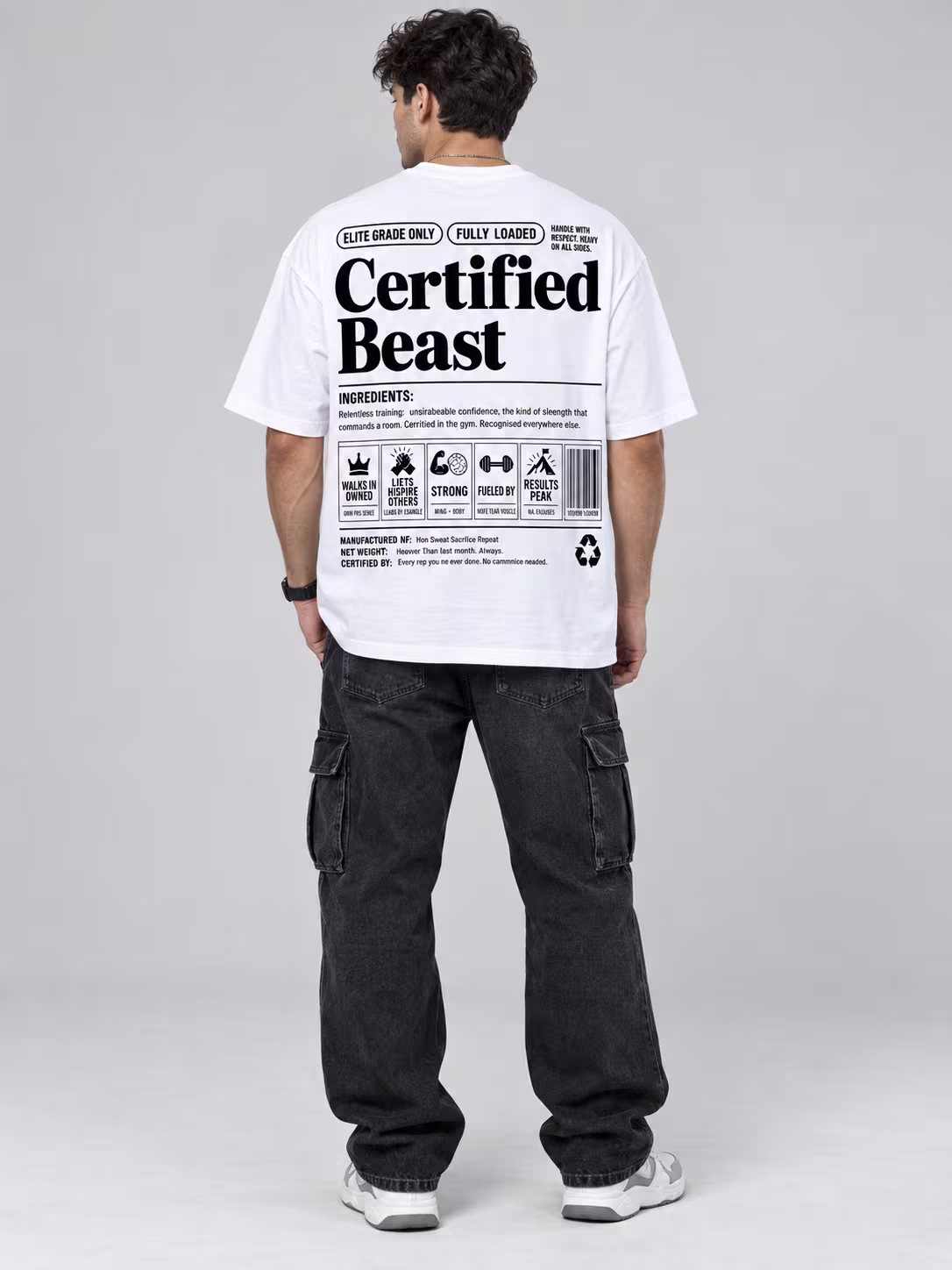 Certified Beast White Gym Oversized T-Shirt in White, front