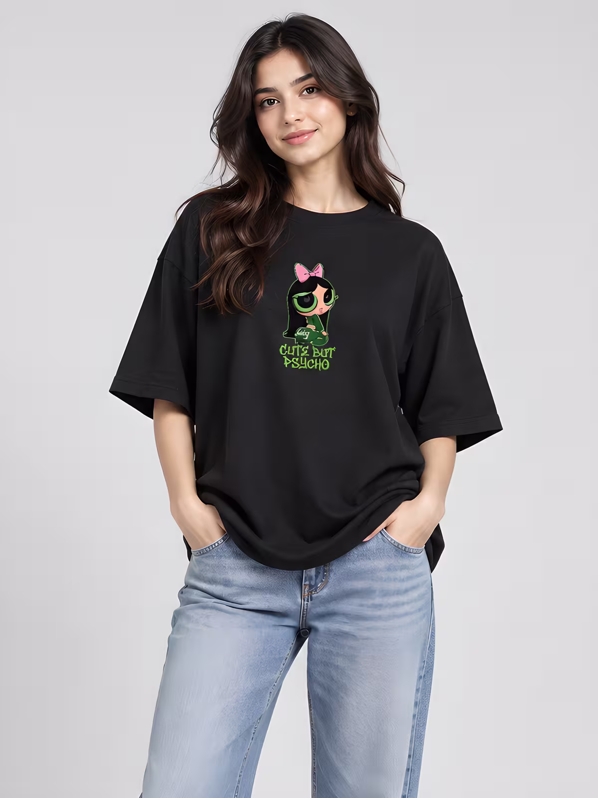 Cute But Psycho Oversized T-Shirt in Black, front