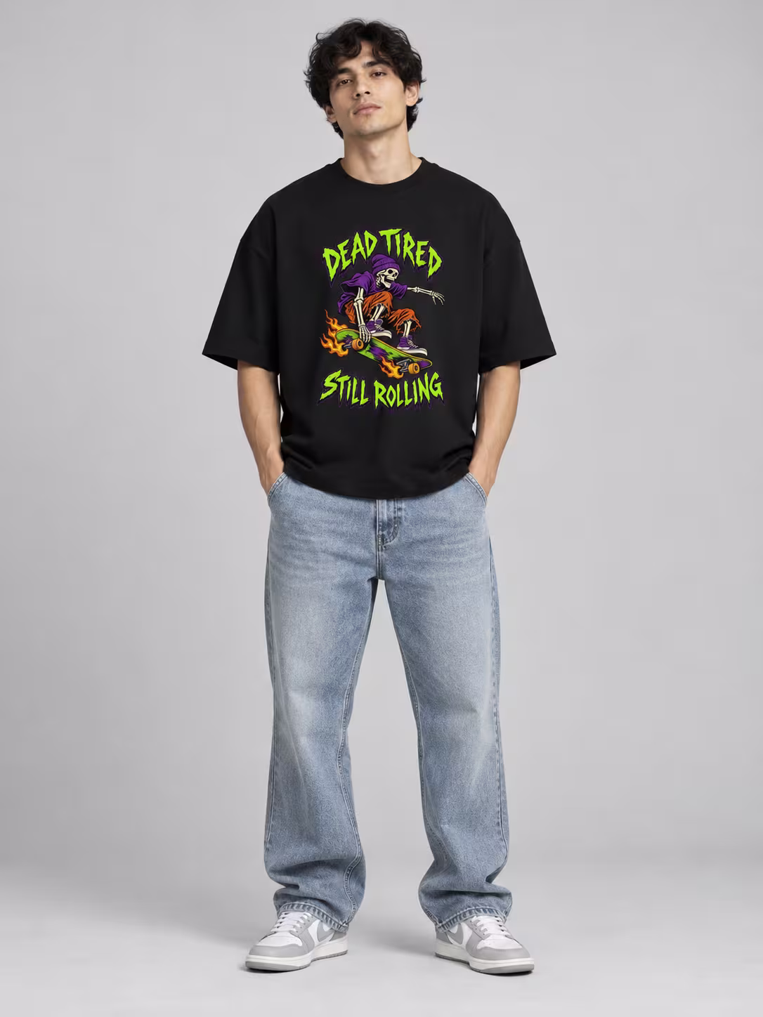 Dead Tired, Still Rolling Oversized T-Shirt in Black, front