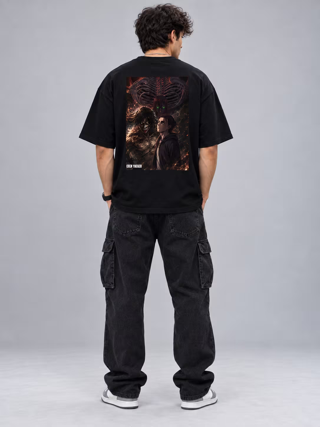 Eren Yeager Anime Oversized T-Shirt in Black, front