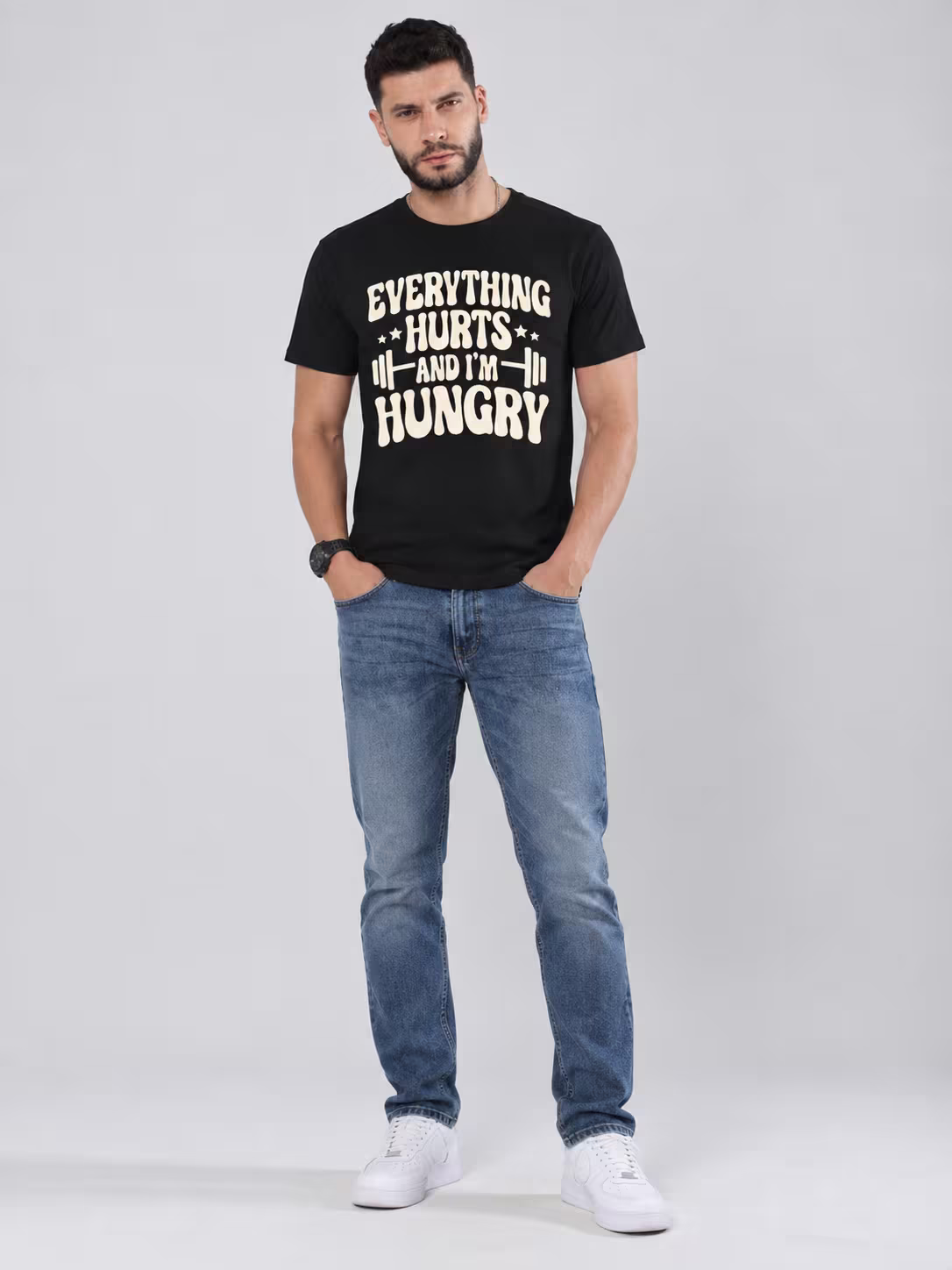 Everything Hurts and I'm Hungry T-Shirt in Black, front