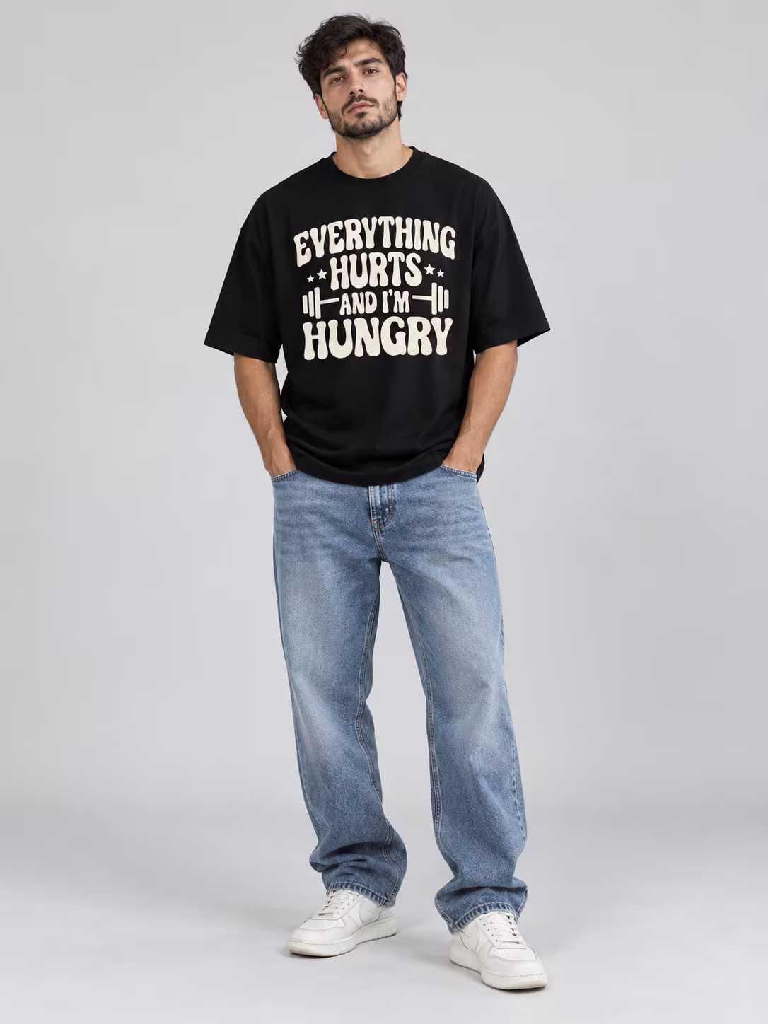 Everything Hurts and I'm Hungry oversized tee in black