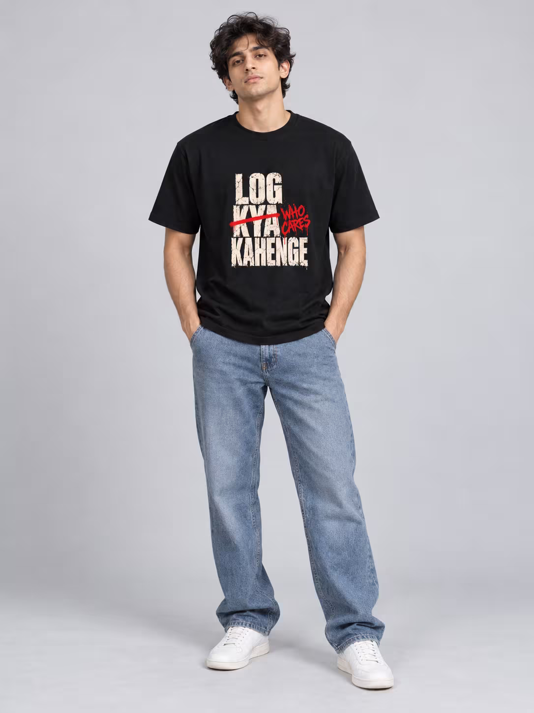 Log Kya Kahenge T-Shirt in Black, front