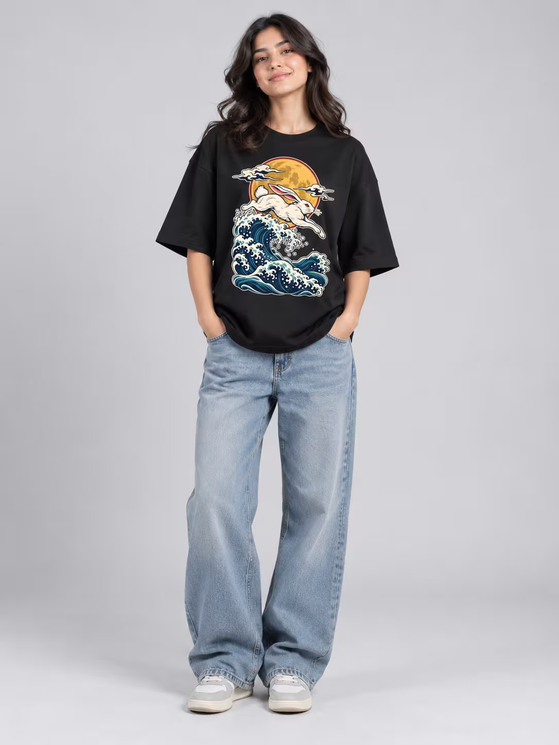 Moon Rabbit Japanese Oversized T-Shirt in Black, front