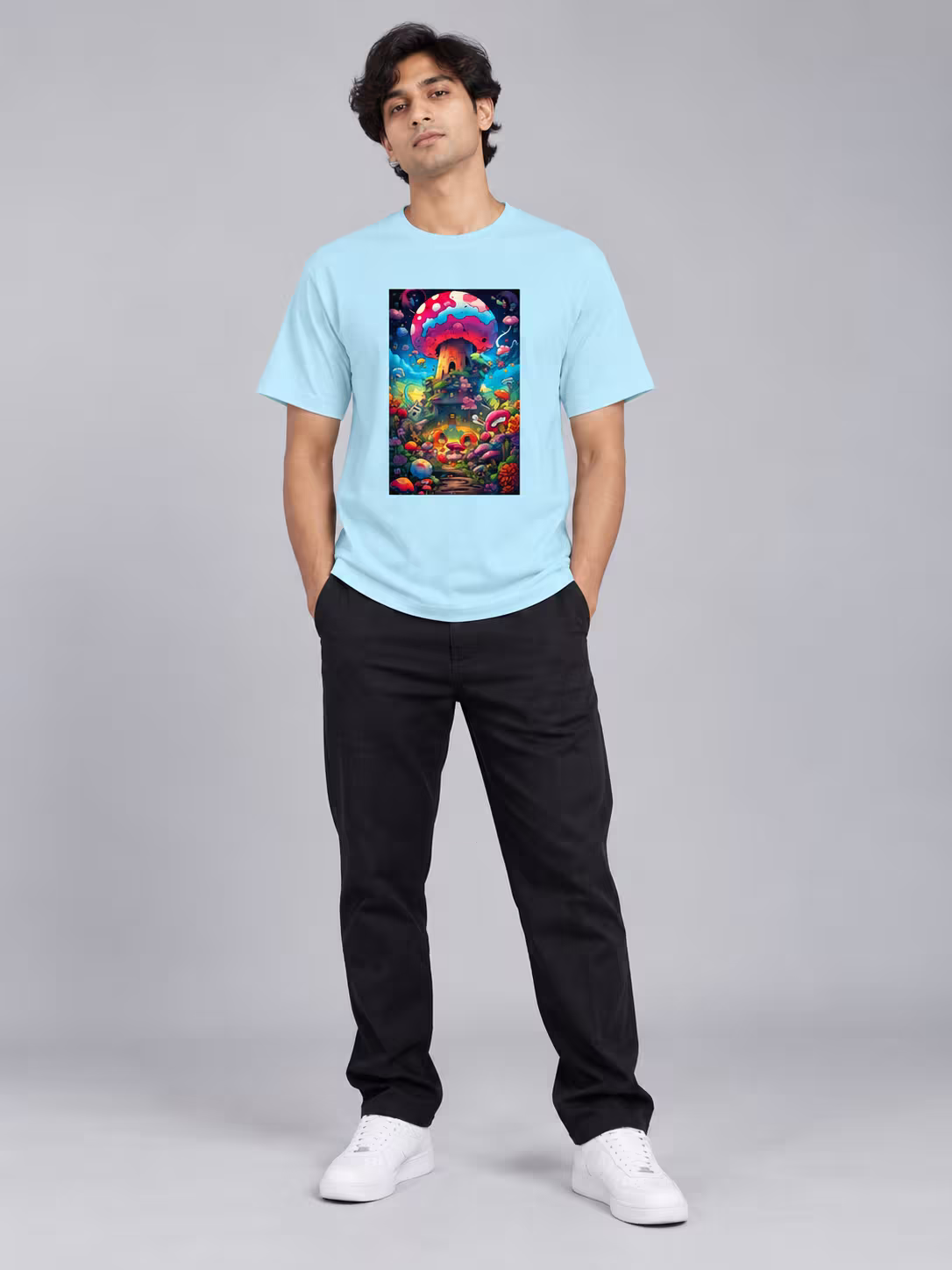 Mushroom Trippy Art Psychedelic T-Shirt in Baby Blue, front