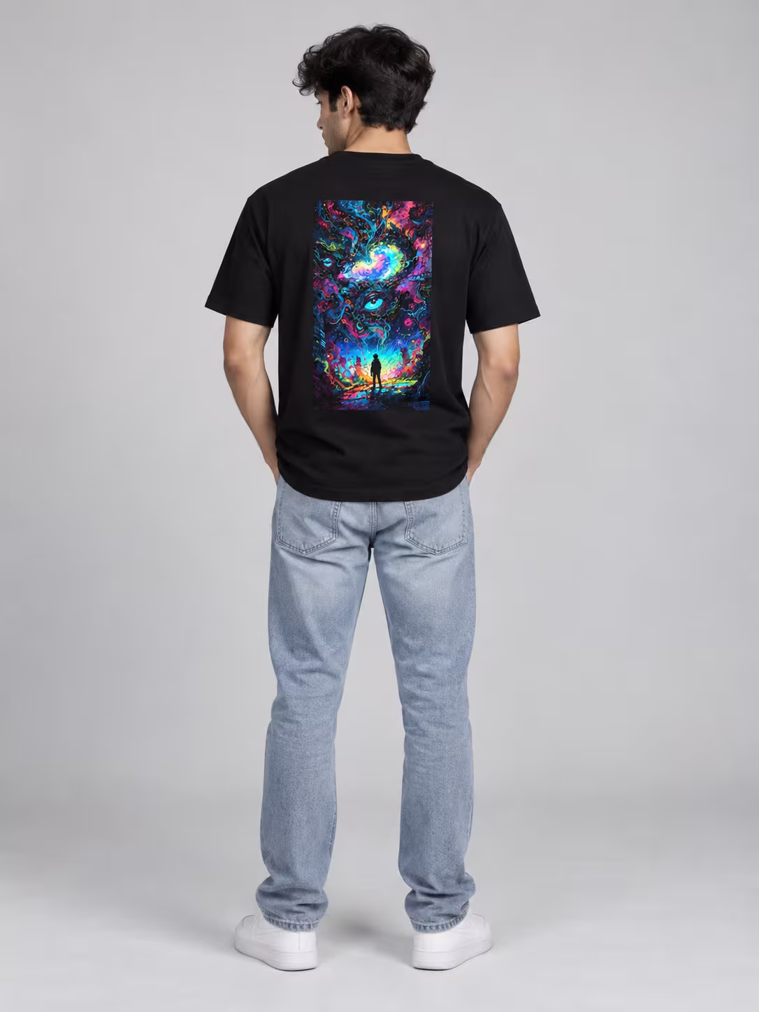 Psychedelic Trippy Cosmic Eye Back Print T-Shirt in Black, front