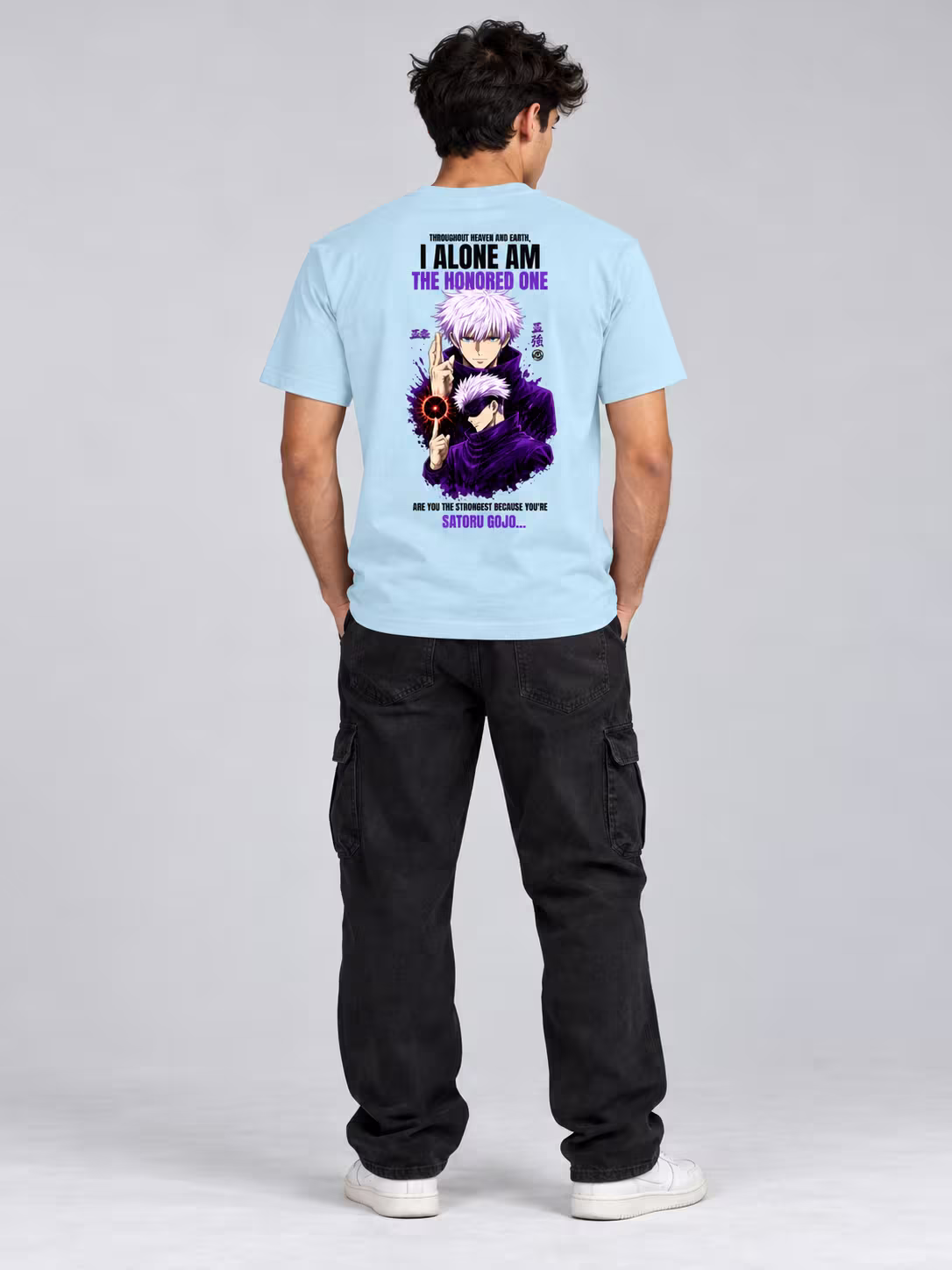 Satoru Gojo Anime T-Shirt in Baby Blue, front