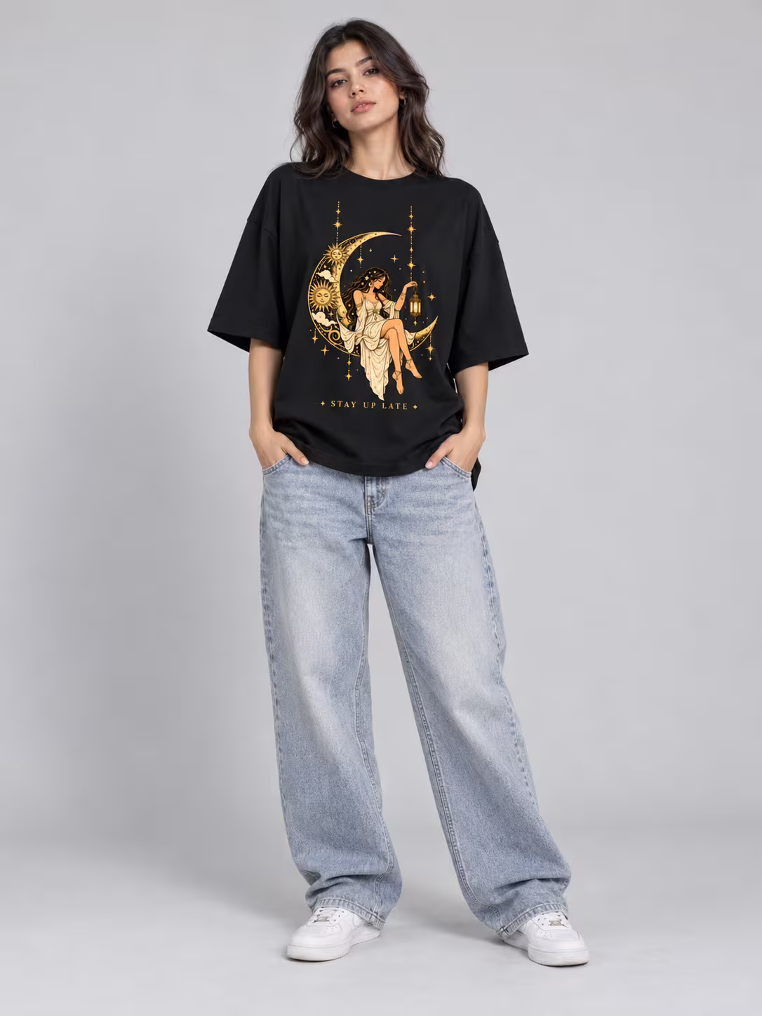 Stay Up Late Moon Oversized T-Shirt for Women in Black, front