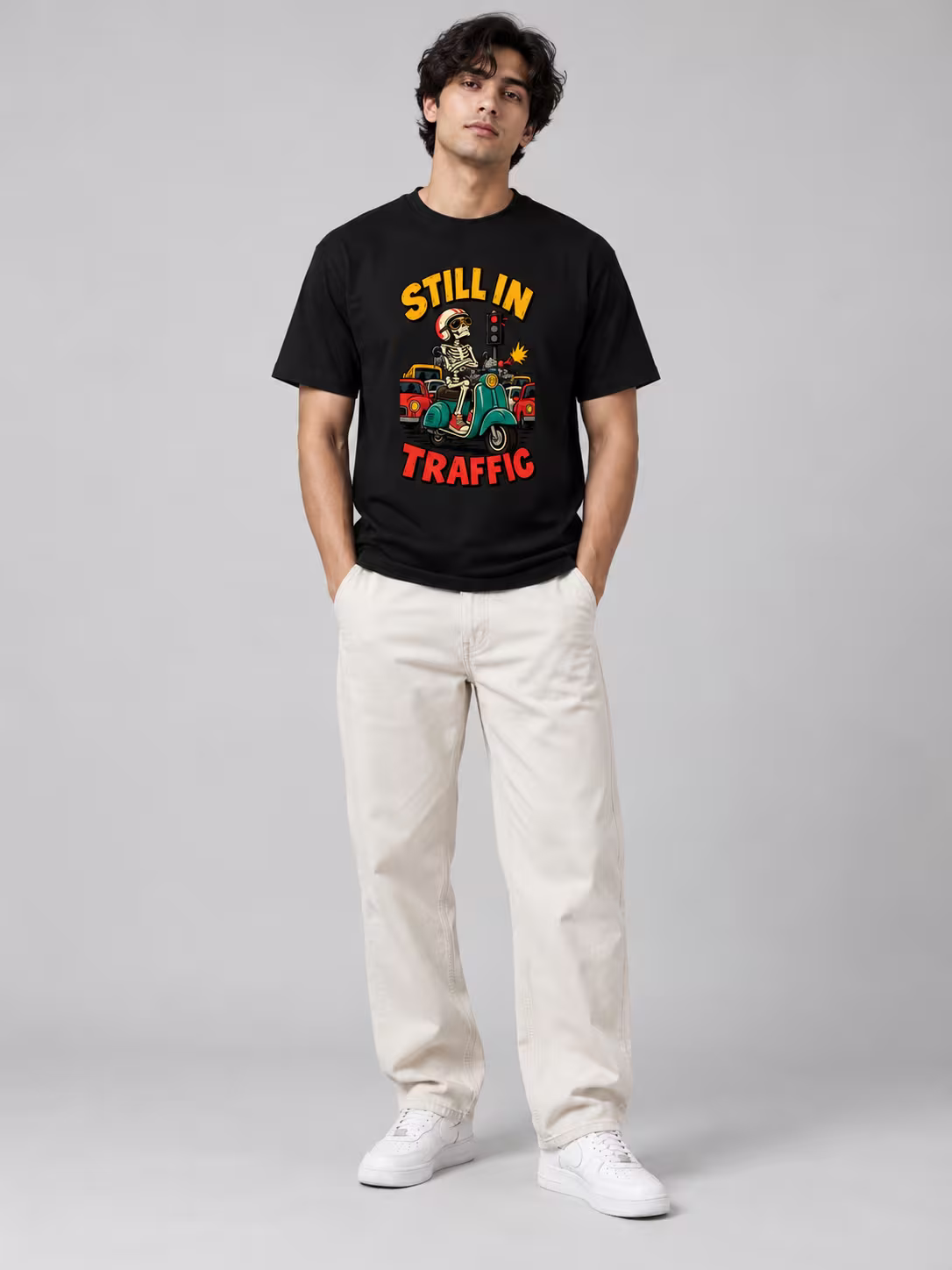 Still In Traffic Funny Skeleton T-Shirt in Black, front