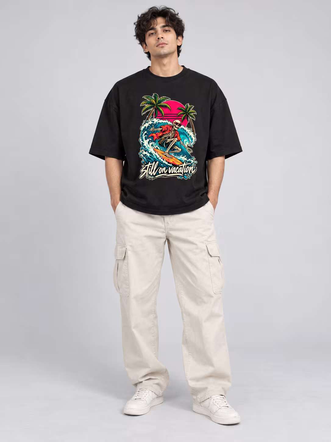 Still On Vacation Skeleton Surf Oversized T-Shirt