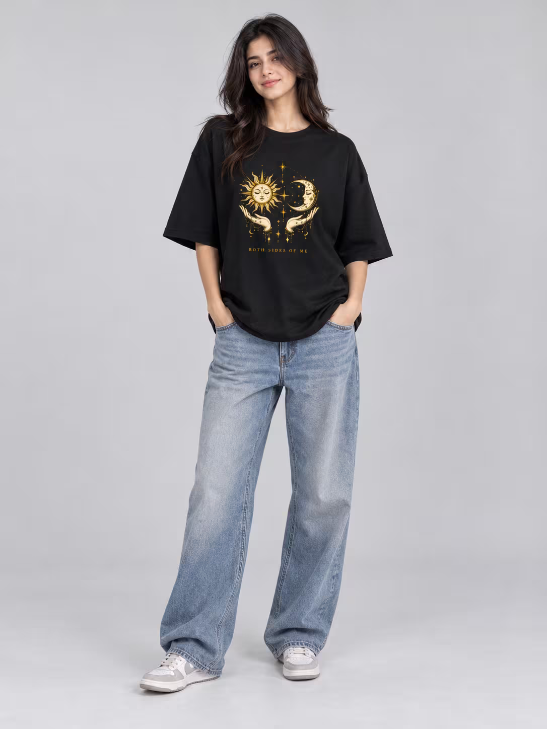 Sun And Moon Hands Celestial Oversized T-Shirt in Black, front