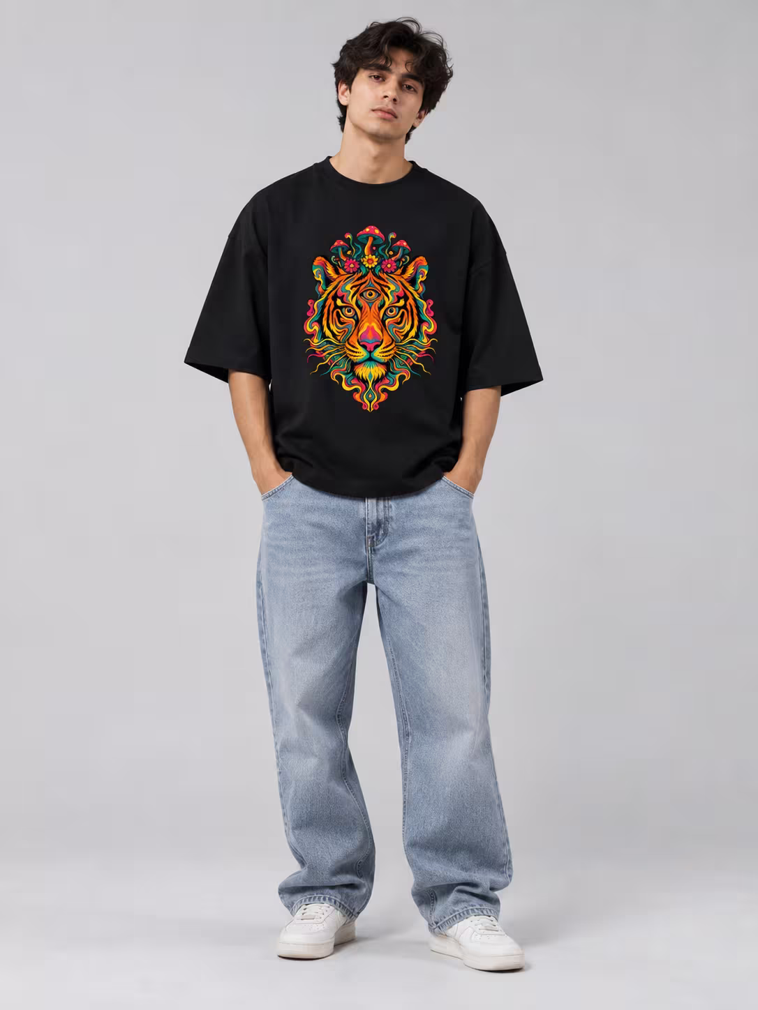 Third Eye Tiger Oversized T-Shirt in Black, front