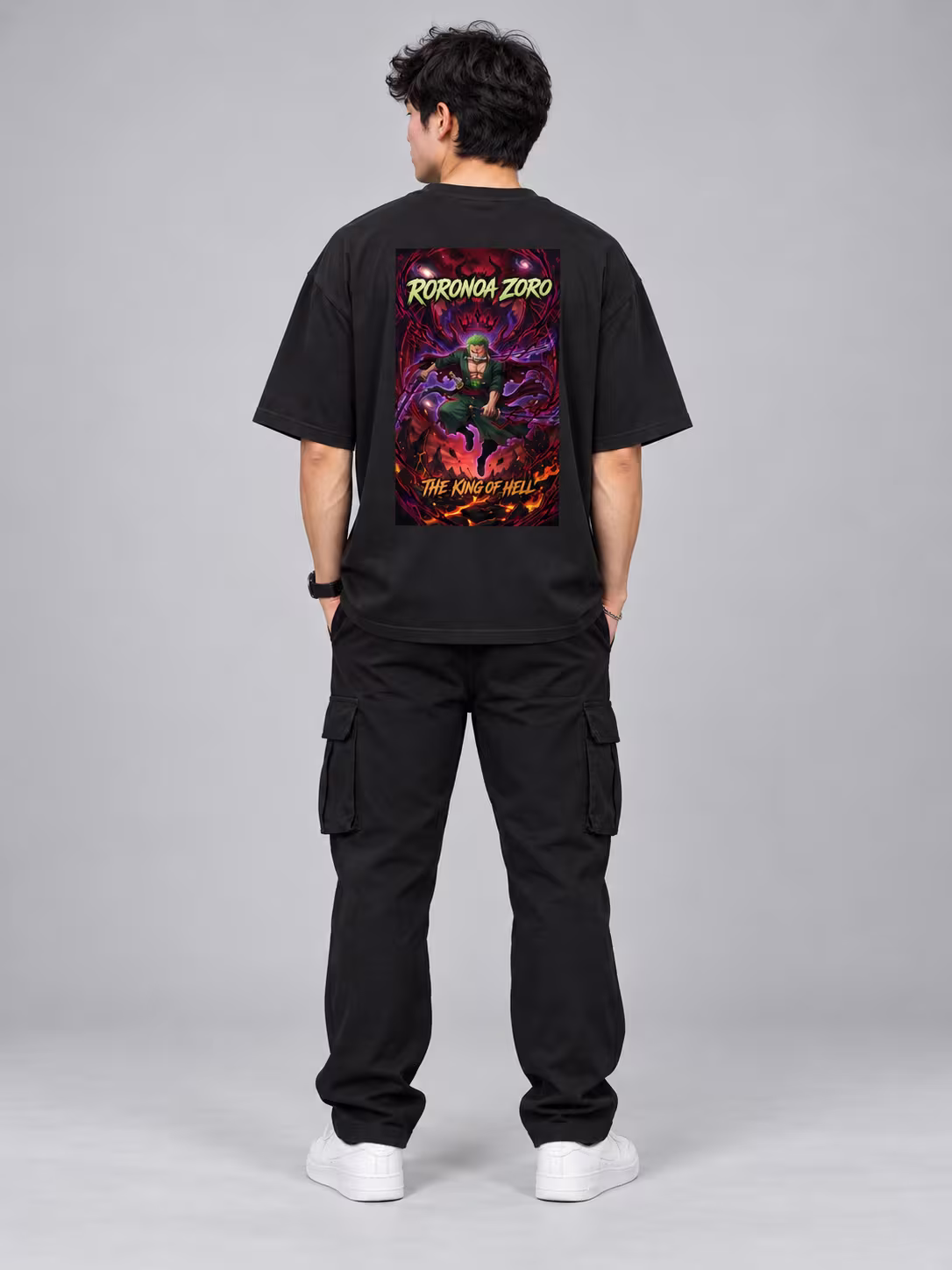 Roronoa Zoro King Of Hell Anime Oversized T-Shirt in Black, front